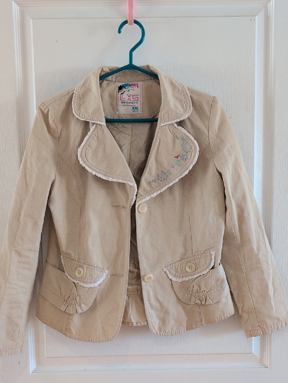 342 - Vintage Cottagecore Beige Jacket | Lace Trim Embroidery | Soft Girl